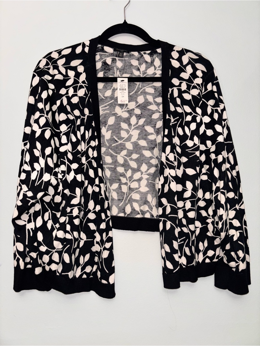 Talbots Black and White Leaf-Print Open Cardigan